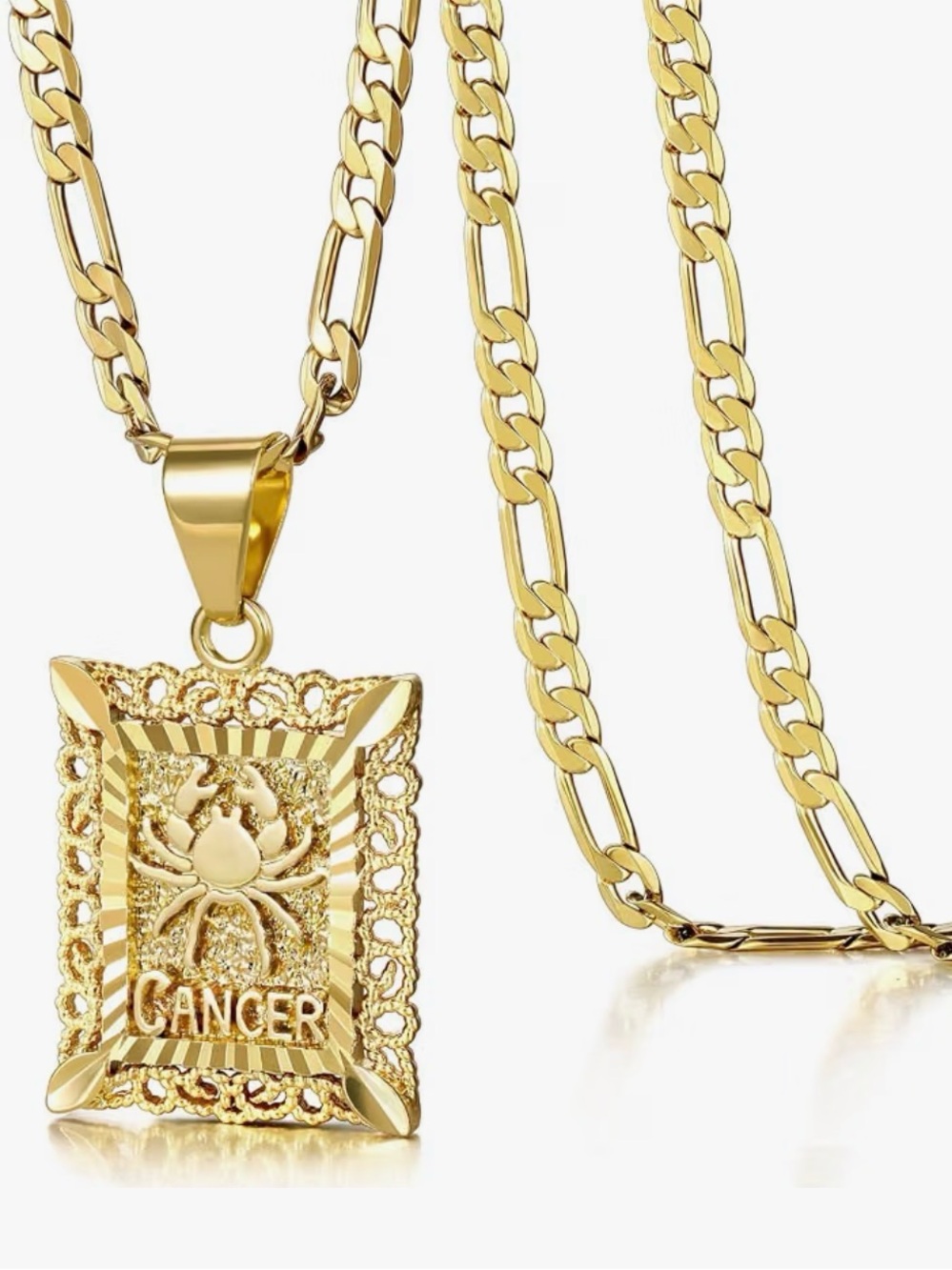 Gold Plated Cancer Zodiac Pendant Figaro Chain Necklace for Women